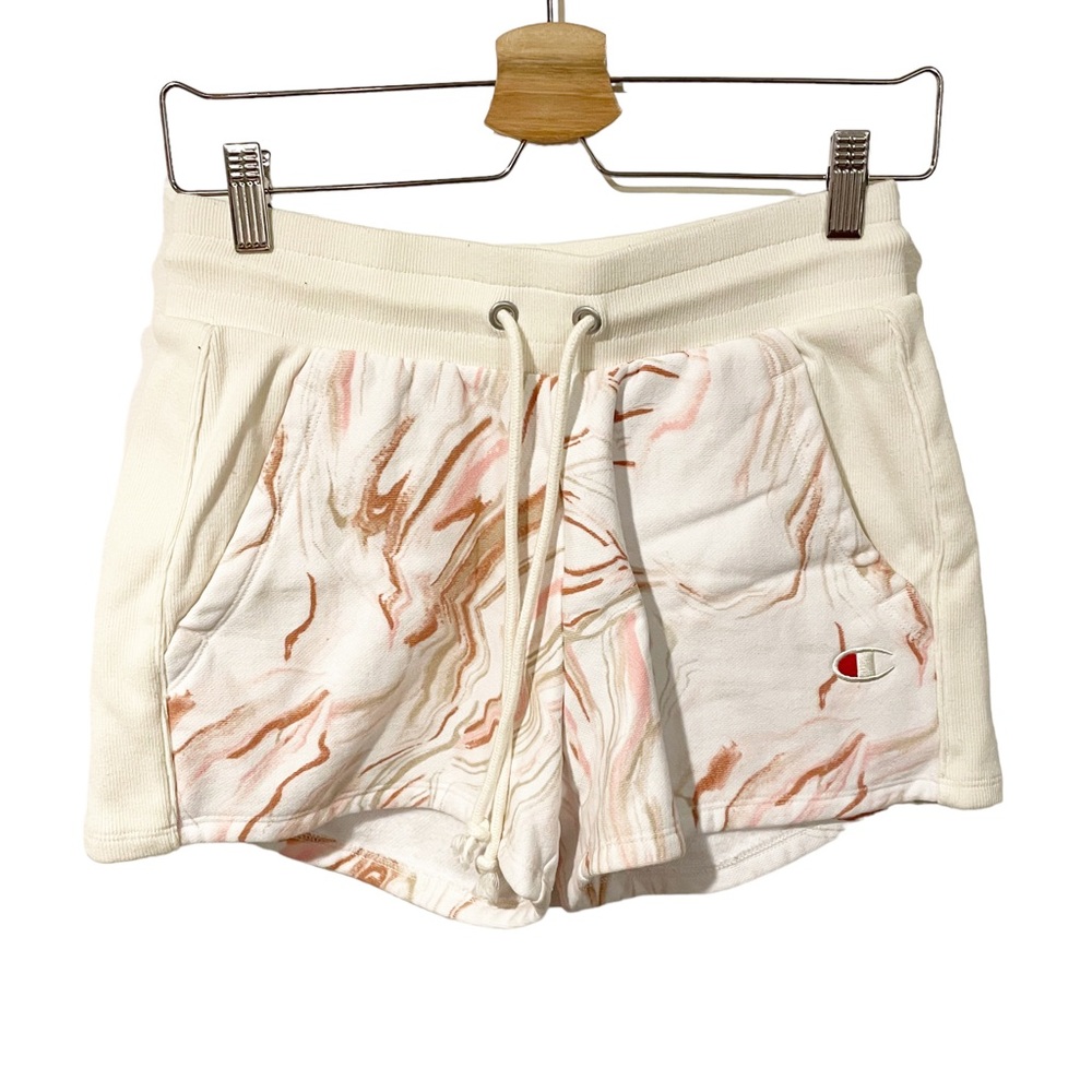 Champion Small Shorts Cream Pink Marble Print Reverse Weave Drawstring Sweat